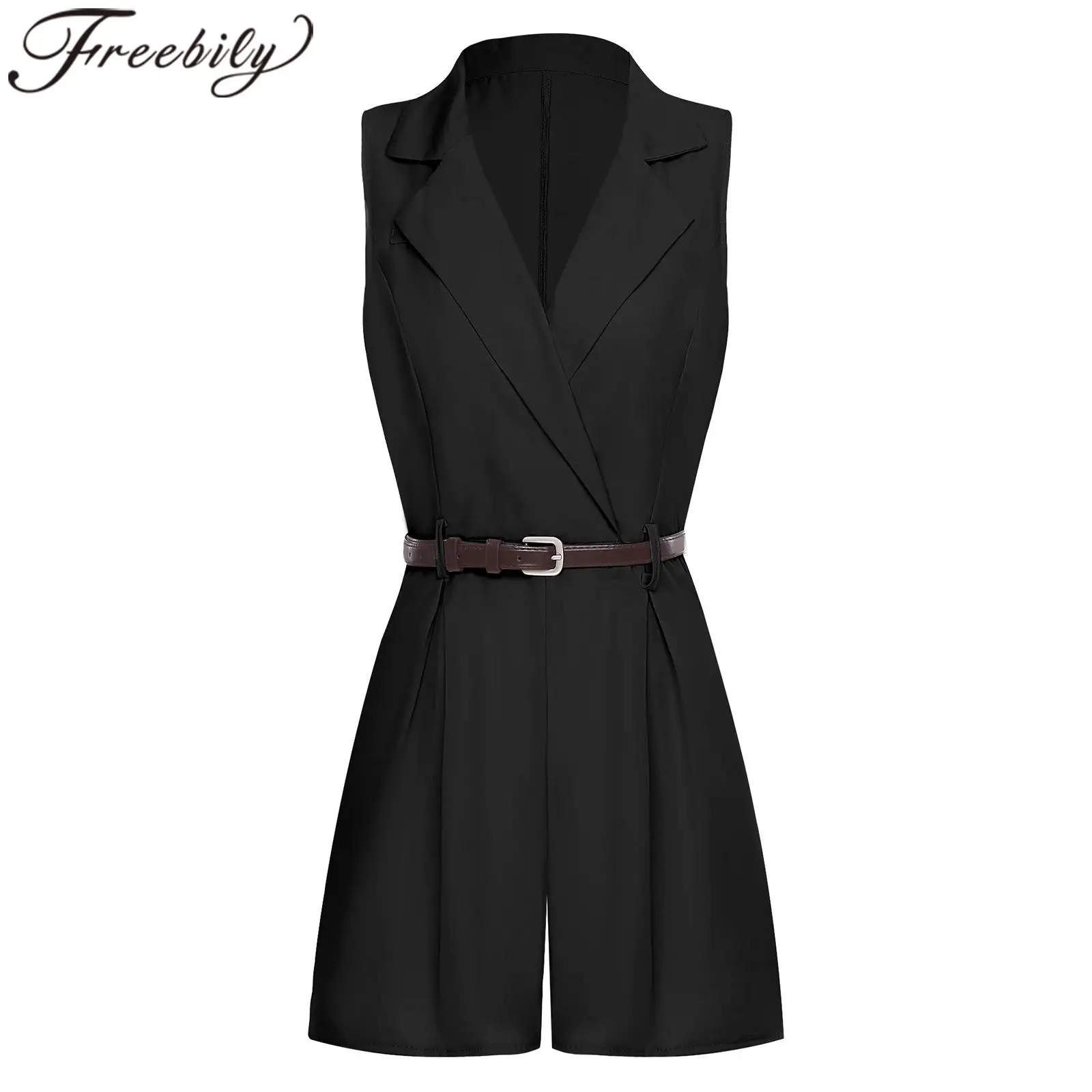 Moda senhora curto unitard feminino elegante lapela macacão sem mangas plissado perna larga solta curto macacão femme roupas de viagem