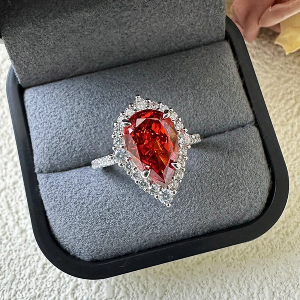 shop  Vintage 100% 925 Sterling Silver Pear Cut 8*12 MM Emerald Padparadscha Gemstone Ring for Women Engagement Jewelry Gift