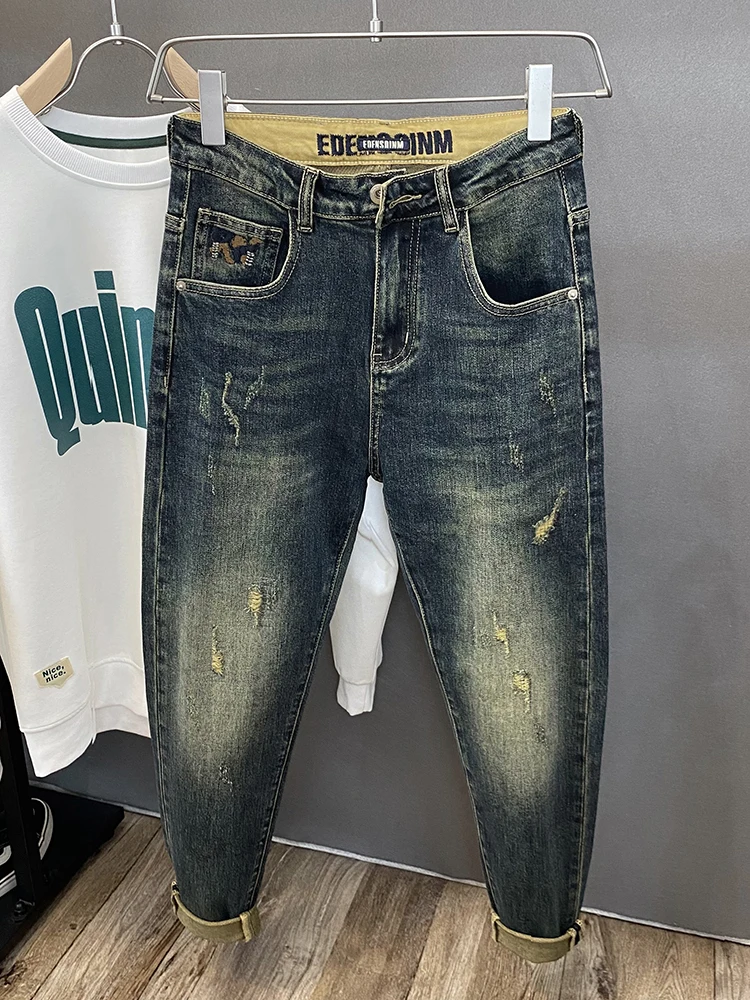 

Spring Autumn Tides Brand Embroidered Patched Jeans Men's Retro American Harlan Pants Elastic Cuffed Long Trousers