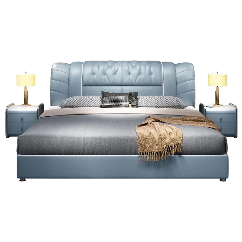 

Nordic, leather bed, master bedroom, light luxury, modern, simple, solid wood, soft bag, tatami