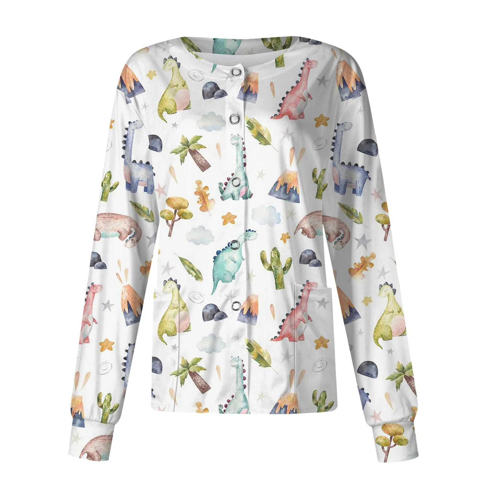 Women Long Sleeve Jacket Cartoon Dinosaur Pattern Pocket Nurse Working Uniform Single-breasted Protective Overalls Cardigan