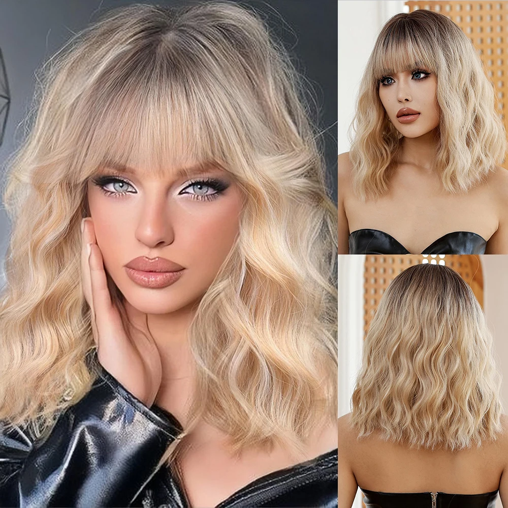 

Blonde Ombre Short Bob Wavy Synthetic Wig with Bangs Lolita Platinum Golden Wig for Women Heat Resistant Natural Daily Party