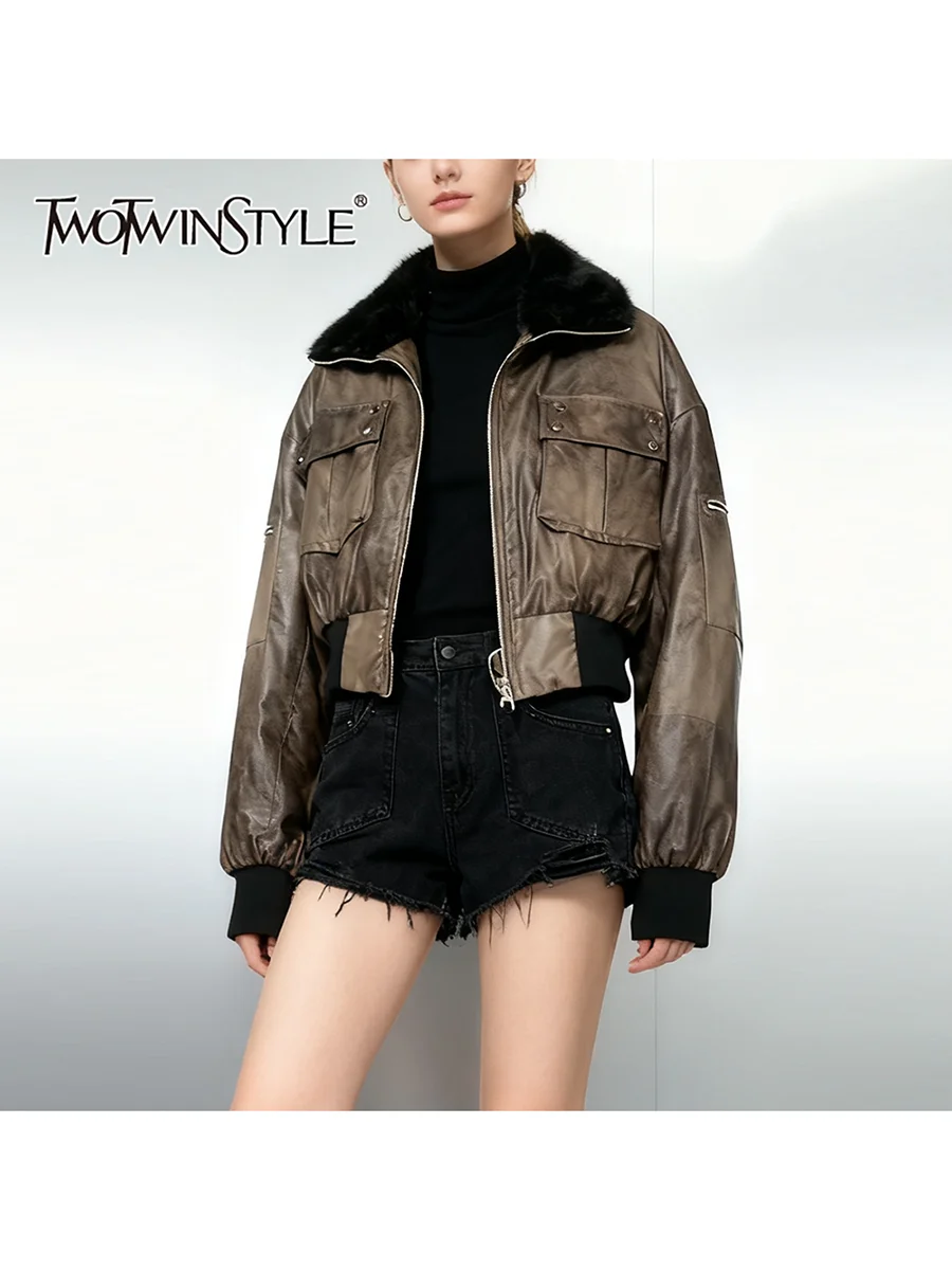 

TWOTWINSTYLE однотонные сращенные молнии модные куртки для женщин с меховым воротником и длинными рукавами в стиле пэчворк с карманами короткая куртка женская новинка