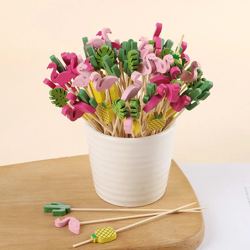 

100pc Flamingo Cactus Pineapple Palm Leaf Fruit Stick Cocktail Decoration Bamboo Stick Summer Hawaiian Party Luau Wedding Decor