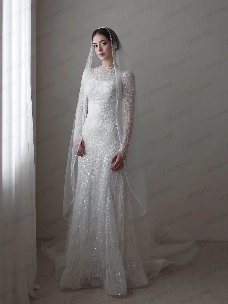 Robes de mariée de luxe col haut à manches longues robe de mariée sirène Train détachable robe de mariée civile robe de mariée personnalisée