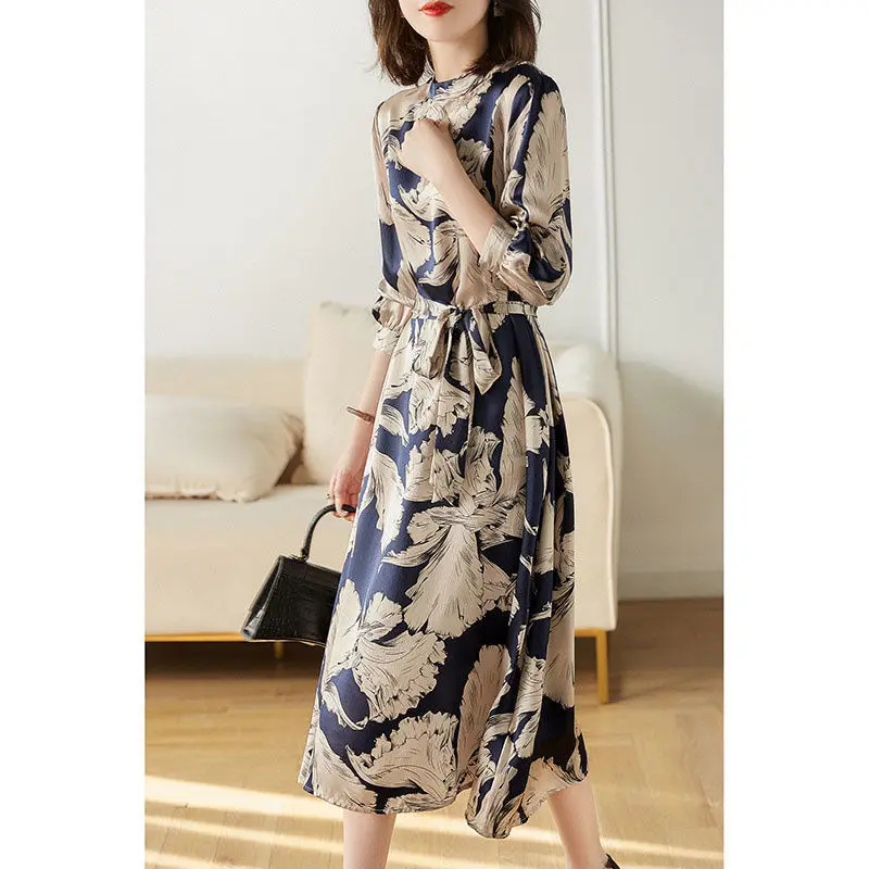 Autumn Spring New Korean Elegant Fashion Print Midi Dress Women Long Sleeve Chic Vestidos De Fiesta Vintage Aesthetic Robe Femme