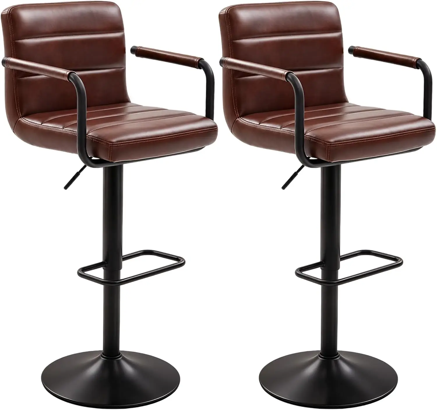 Swivel Bar Stools, Industrial PU Leather Adjustable Bar Stools with Armrests, Counter Height Bar Stools with Footrest