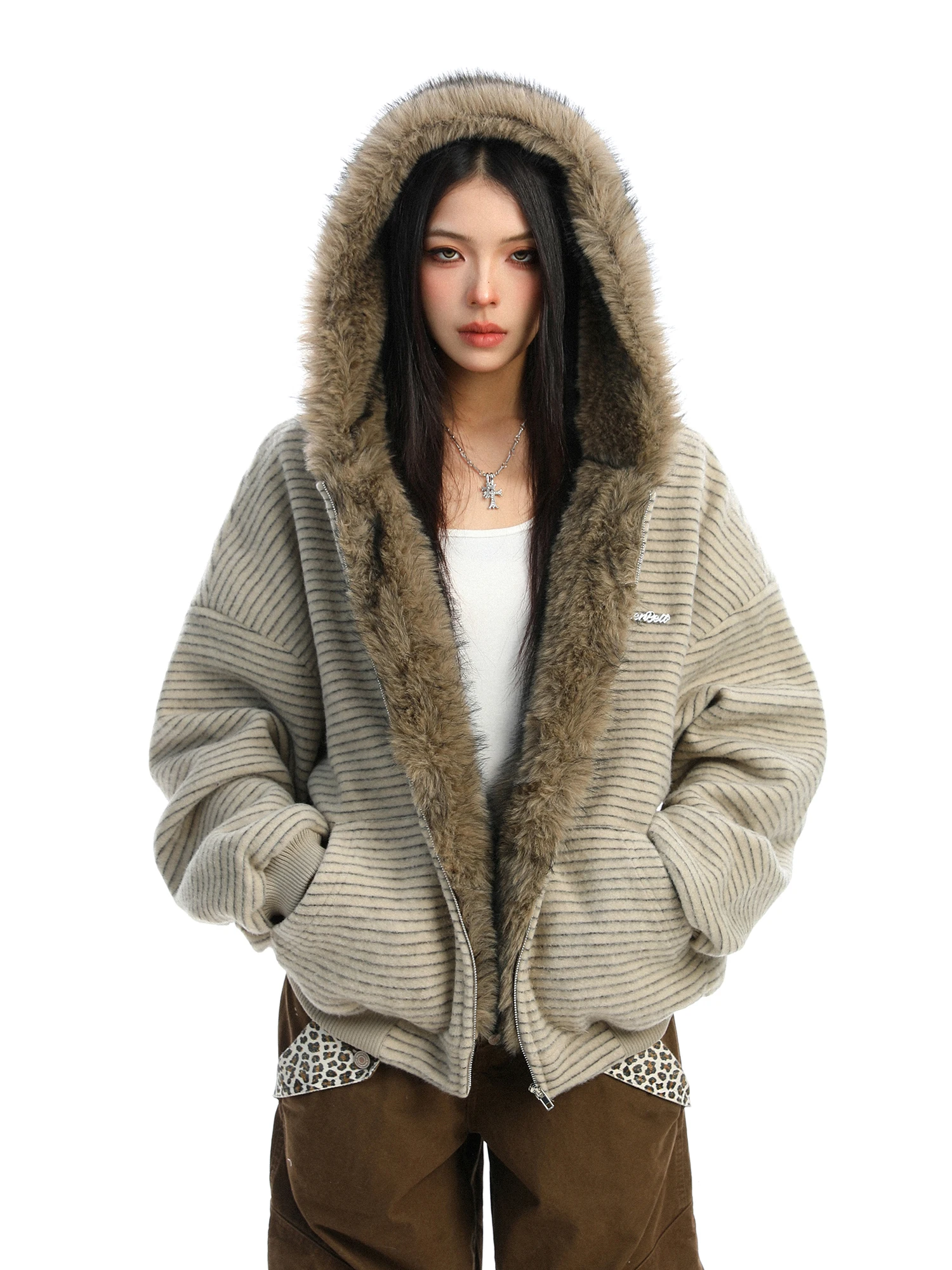 

Утепленная флисовая куртка с капюшоном для женщин, зимняя теплая свободная толстовка-пальто с крупным полосатым узором в корейском стиле, с длинными рукавами, на молнии