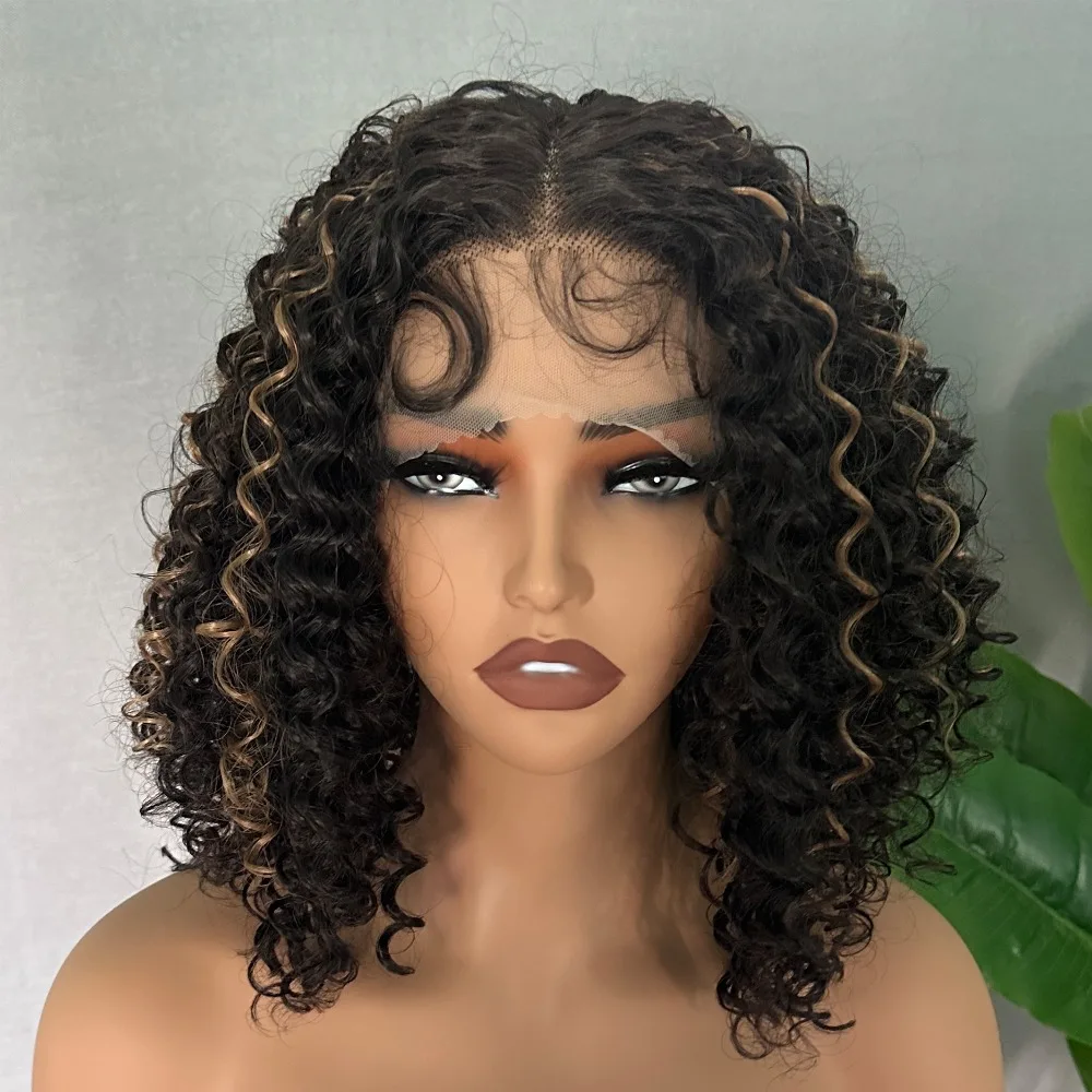 

Выделите светлый цвет синтетических волос Kinky Cruly 16-дюймовый короткий парик Боб средняя часть кружевного парика для женщин повседневная модная прическа