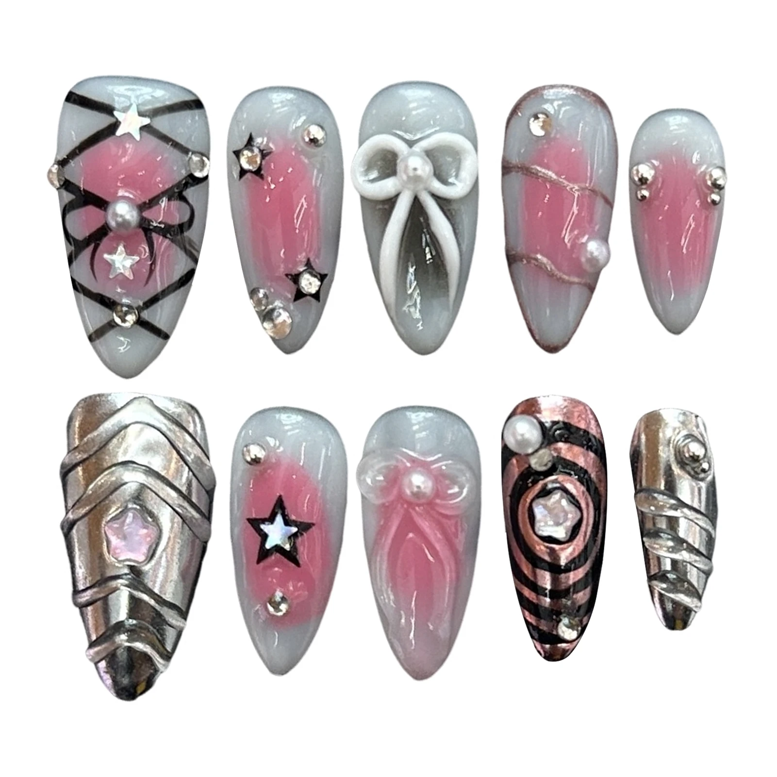 10 szt. Paznokci Y2k z Kokardkami, Naklejane Paznokcie w Stylu Metalowym, Ręcznie Malowane Kokardki, Różowy Pudrowy Migdał, Słodkie, Fajne, Ręcznie Robione Sztuczne Paznokcie