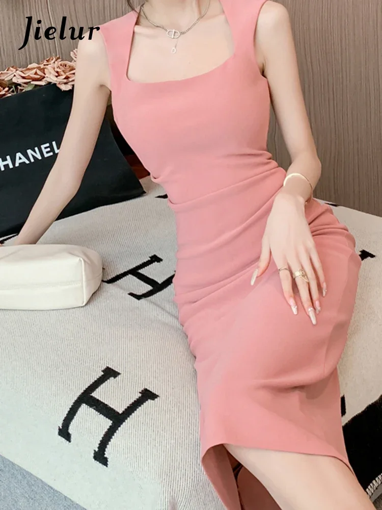 Jielur Summer New Solid Color Slim Women\'s Dress Sweet Sexy Tight Hip Dress Woman Pink Green Black Apricot Sleeveless Dresses