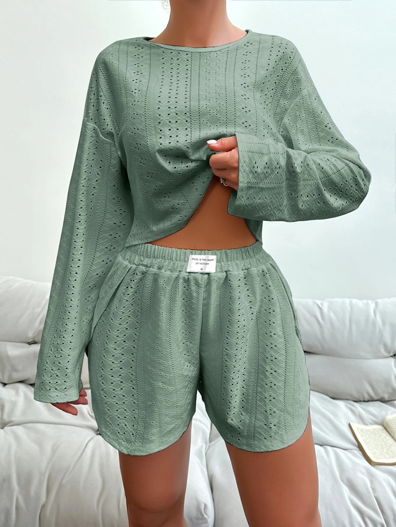 طقم بيجامات نسائي ملابس نوم ملابس نوم للخريف ناعمة ومريحة بأكمام طويلة مع شورت بيجامة نسائية ملابس منزلية 2 قطعة #5