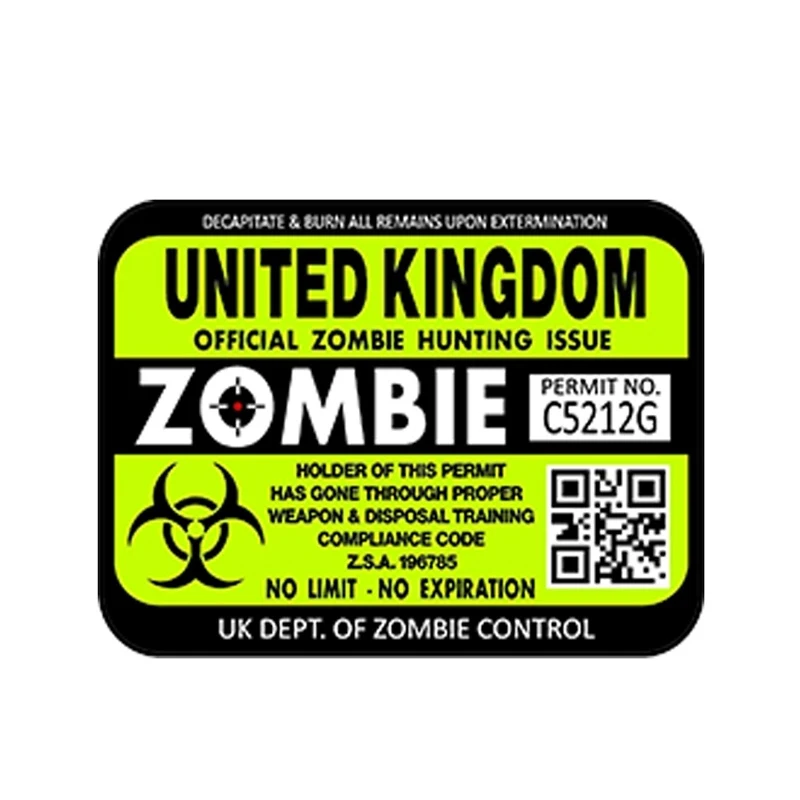 

13/17 cm Car Styling United Kingdom Zombie Hunting License Permits Waterproof Car Sticker Bumper Trunk Accessories N198