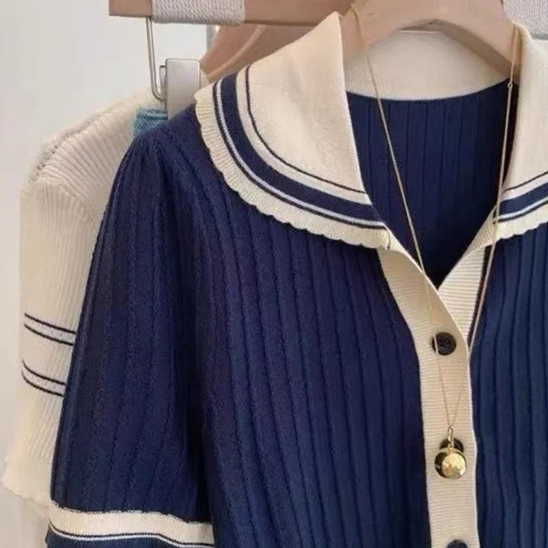 الإناث Preppy نمط المرقعة أزرار بحار طوق الحياكة سترة الصيف ملابس حريمي عادية الكشكشة تي شيرت المرأة تي شيرت علوي