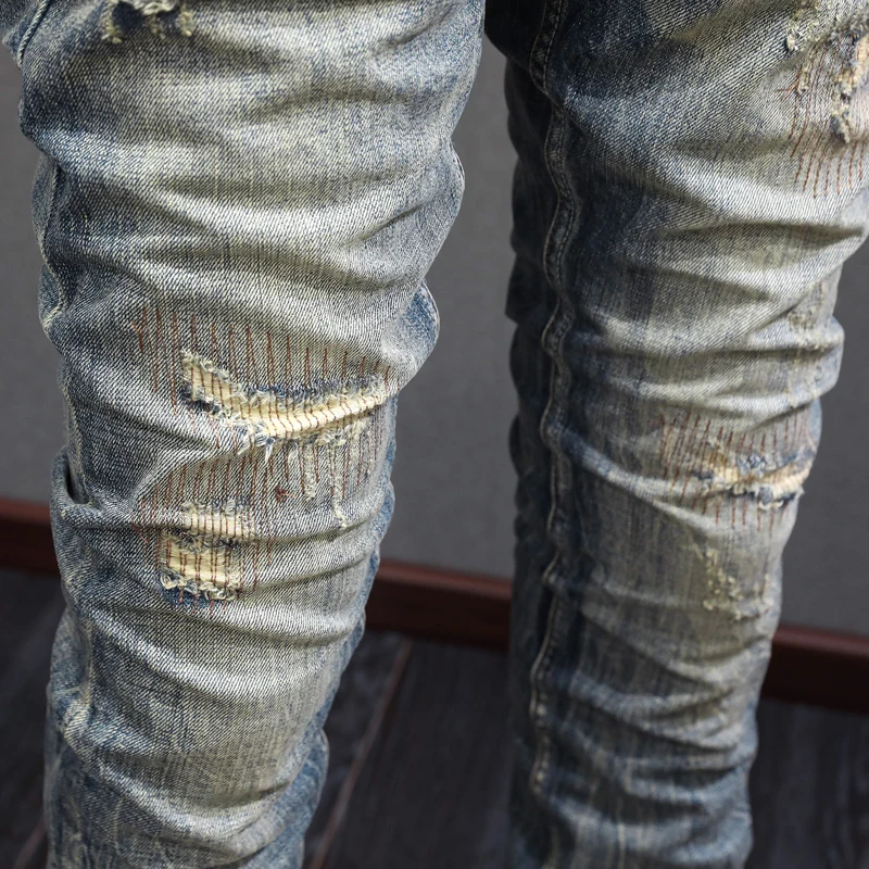 Newly Vintage Fashion Men Jeans High Quality Retro Washed Blue Slim Fit Ripped Jeans Men Embroidery Patched Designer Denim Pants
