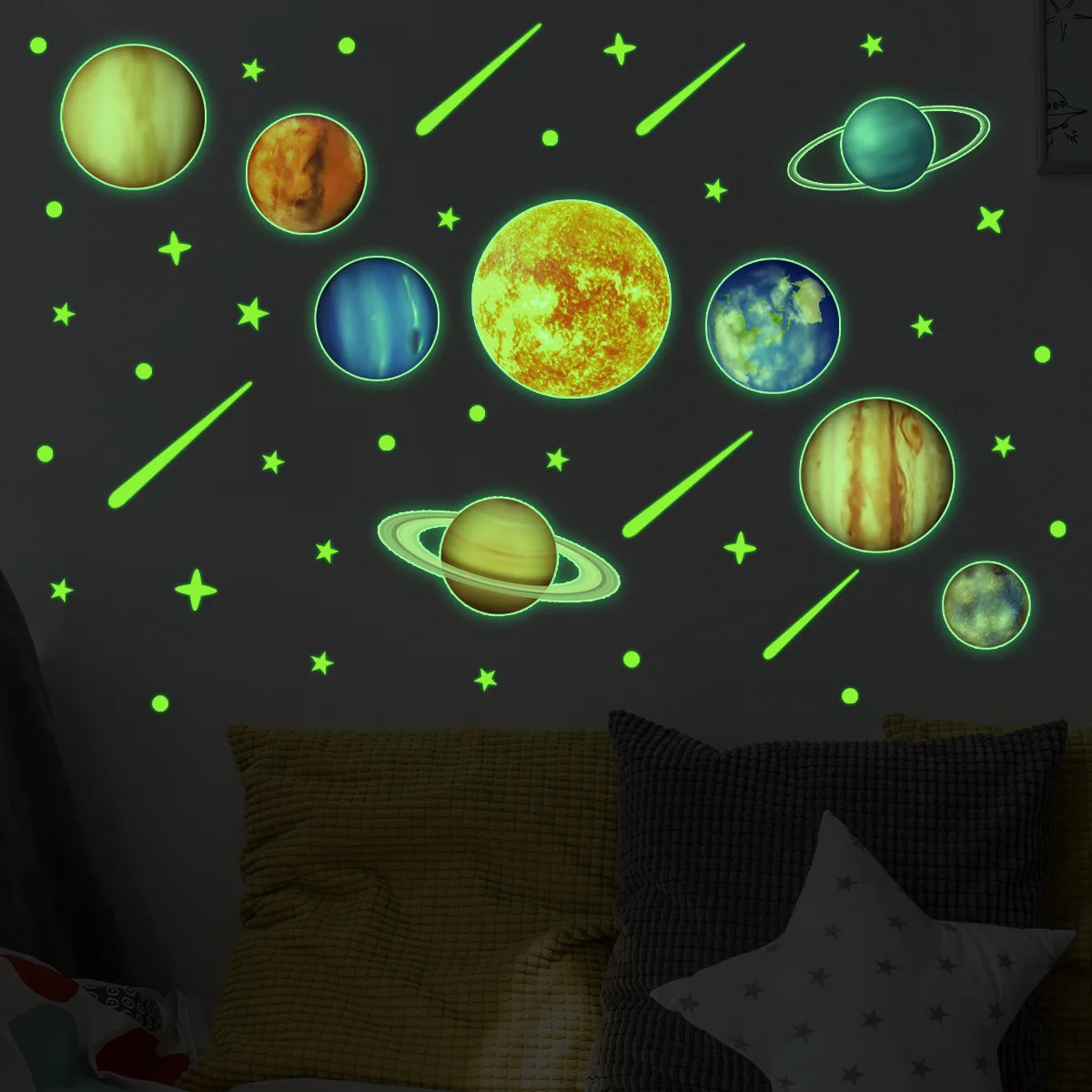 2pcs Luminous Cosmic Planet Meteor Shower Wall Stickers Cartoon Mural Decals Kids Bedroom Study Background Home Decor Wallpaper