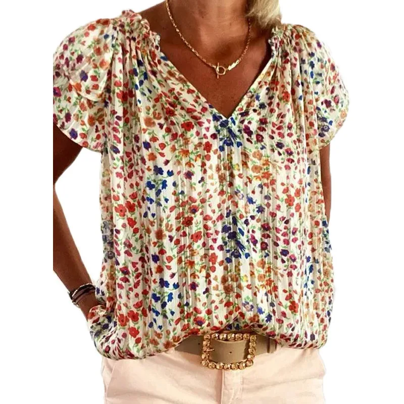 Camicetta stampata floreale bohémien camicia estiva Casual da vacanza con scollo a V manica corta top donna elegante spiaggia Chemise oversize