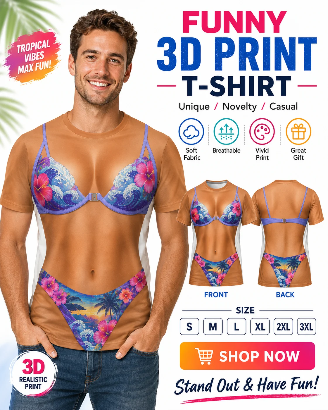 Ladies Sexy Bikini Effect Shirt 3D Printed Palm Leaf Pattern T-shirt Men Summer Casual T Shirt Beach Vacation Party Y2k Clothes