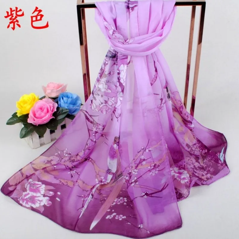 New Lucky Bird Peony Flower Elegant Chiffon Long Scarf for Women