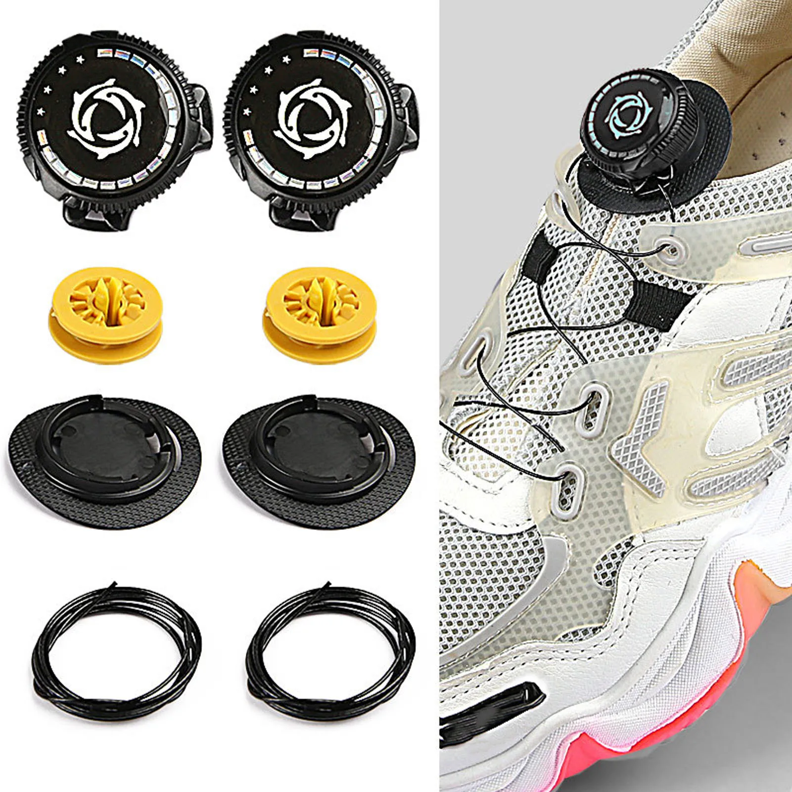 Rotating Buckle Shoelaces 4 Sets Rotating Buckle Shoes Laces Steel Wire Elastic No Tie Shoelaces Black S Size