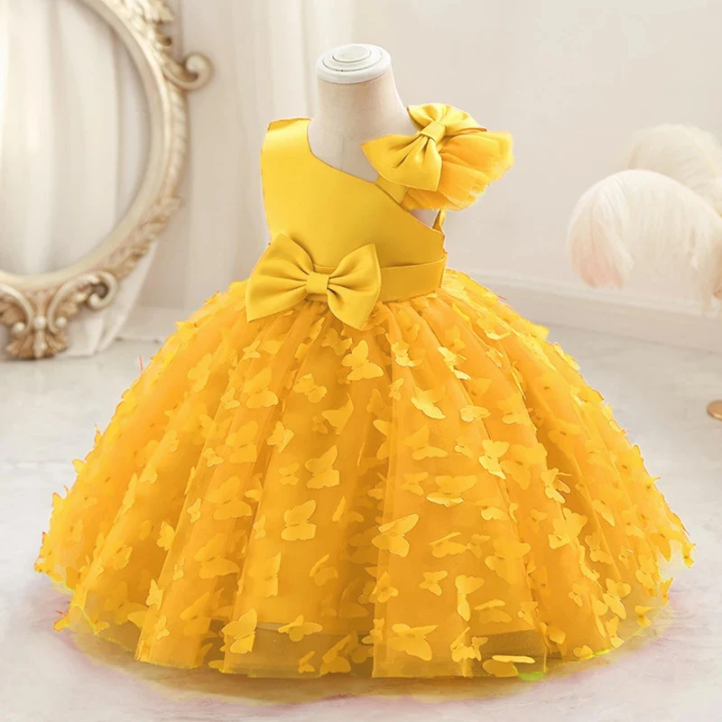 Butterfly Baby Girls White Baptism Party Dress Infant Bow Tulle 1st Birthday Gown Flower Princess Dress Wedding Prom Kids Clothe