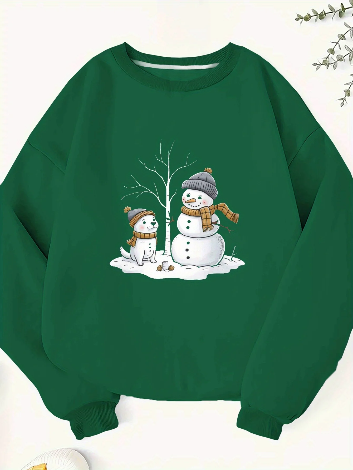 

Women's Winter Snowman & Dog Graphic Print Sweatshirt - Cozy Crew Neck Fabric, Geometric Pattern, Fall/winter Fashion Top,relax