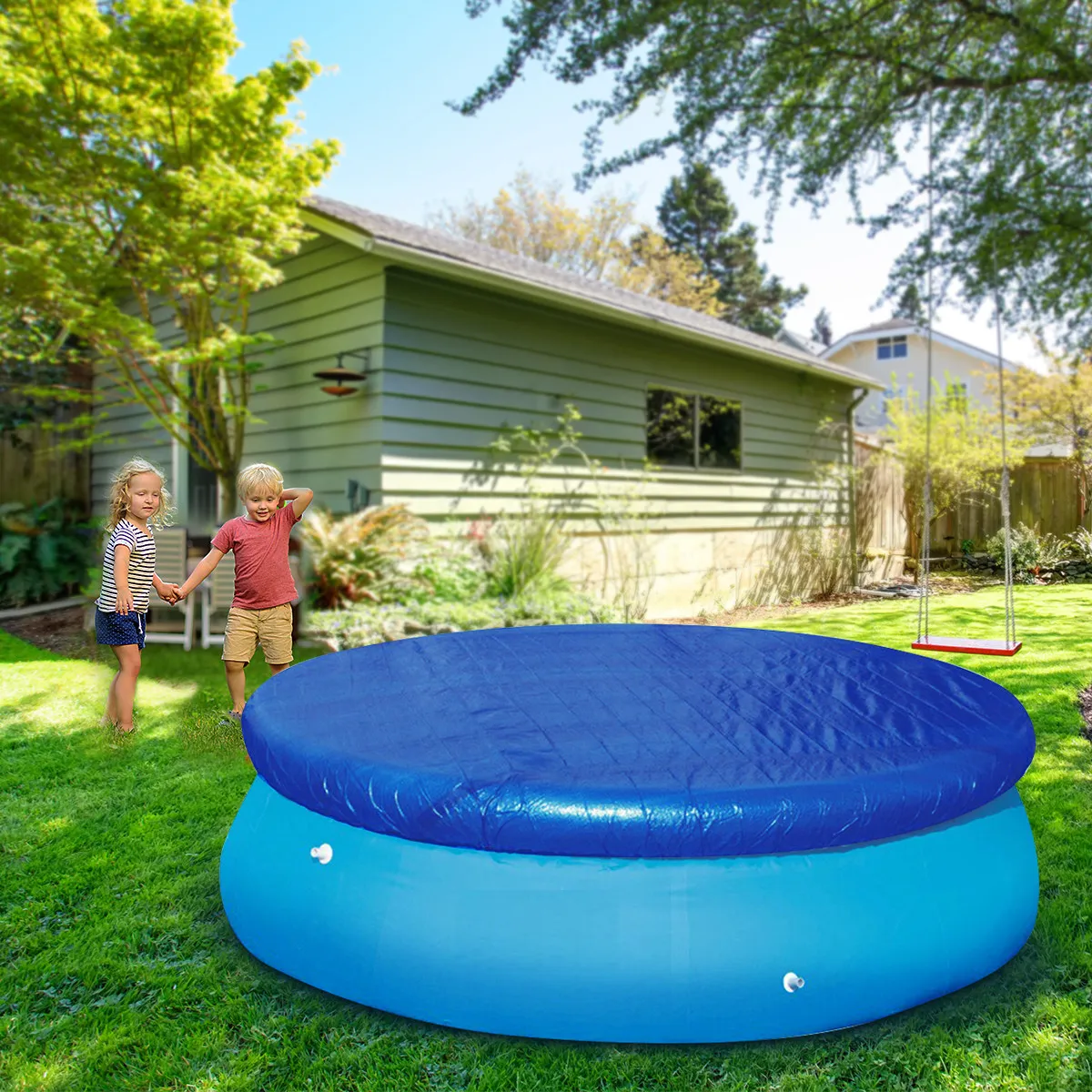 8-Foot Round Pool Cover Dustproof Rainproof Frame Inflatable Swimming Pool Cover Fit for Fast