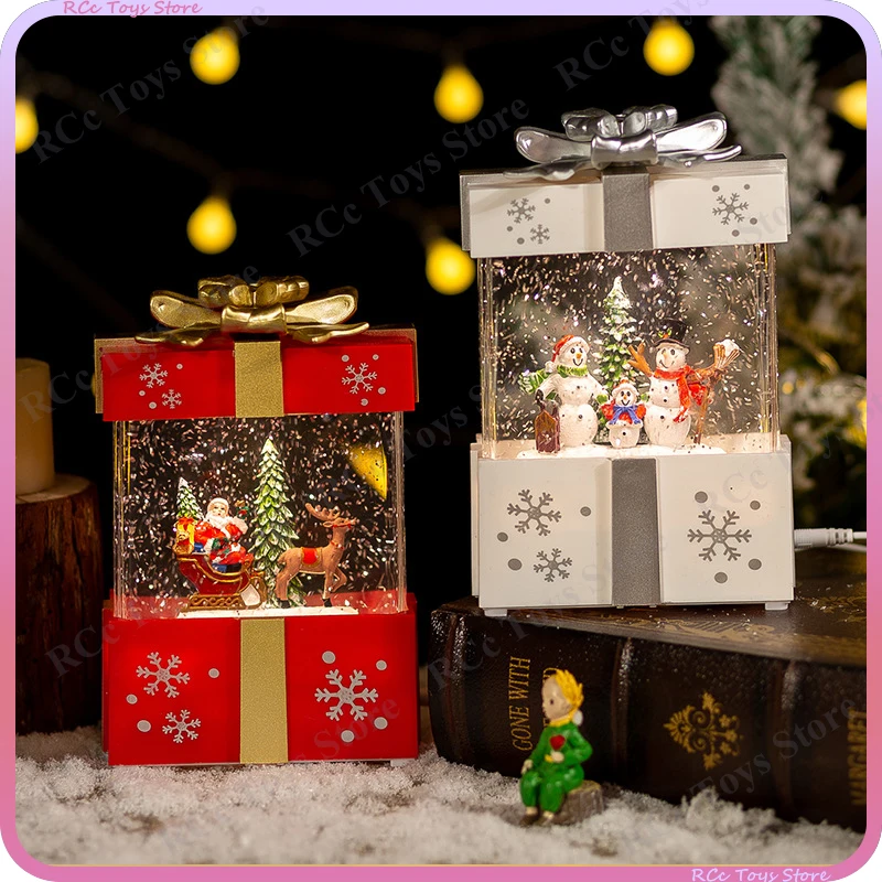 Christmas Gift Music Gift Box Home Decoration Popcorn Scene Village Rotating Santa Statue Christmas Desktop Decor Xmas Kids Toy