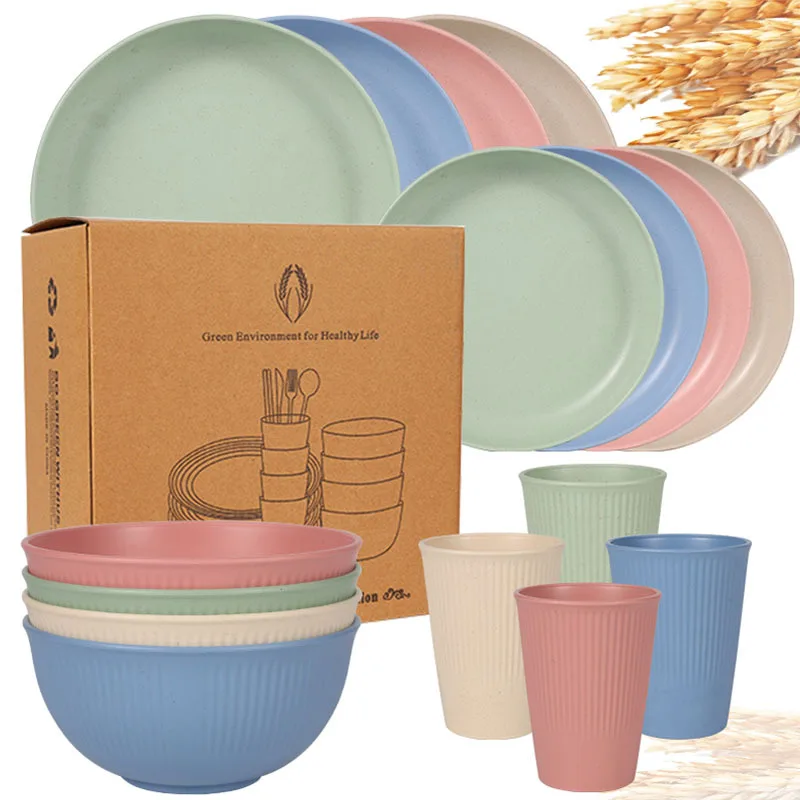 

Amazon тарелка из пшеничной соломы, чашка, набор из 16 предметов, бытовая тарелка с вертикальным узором, миска для супа, чашка для воды, подарочная коробка для посуды