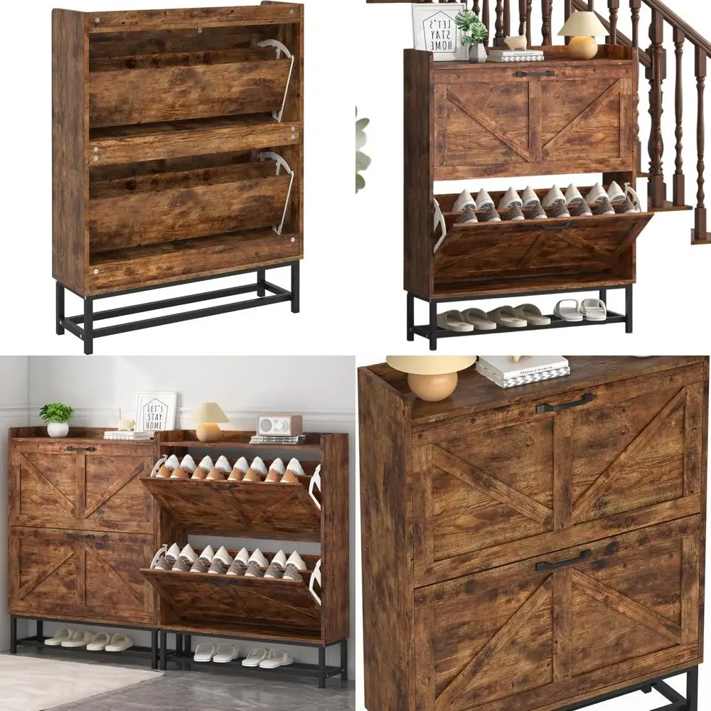 

Отдельно стоящий шкаф для обуви в деревенском коричневом стиле с 2 ящиками, откидными ящиками и металлическими ножками для хранения в прихожей