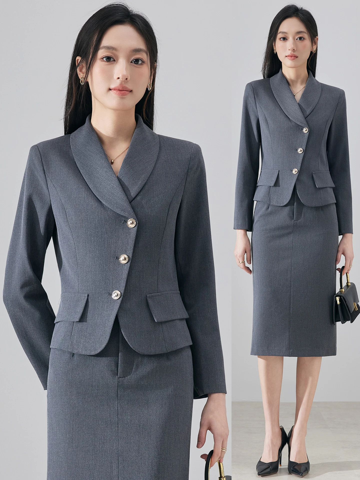 

Женский серый костюм-двойка: юбка и пиджак для весны/осени, профессиональная деловая униформа для работы в отеле, на ресепшене, в магазине, на ювелирной витрине