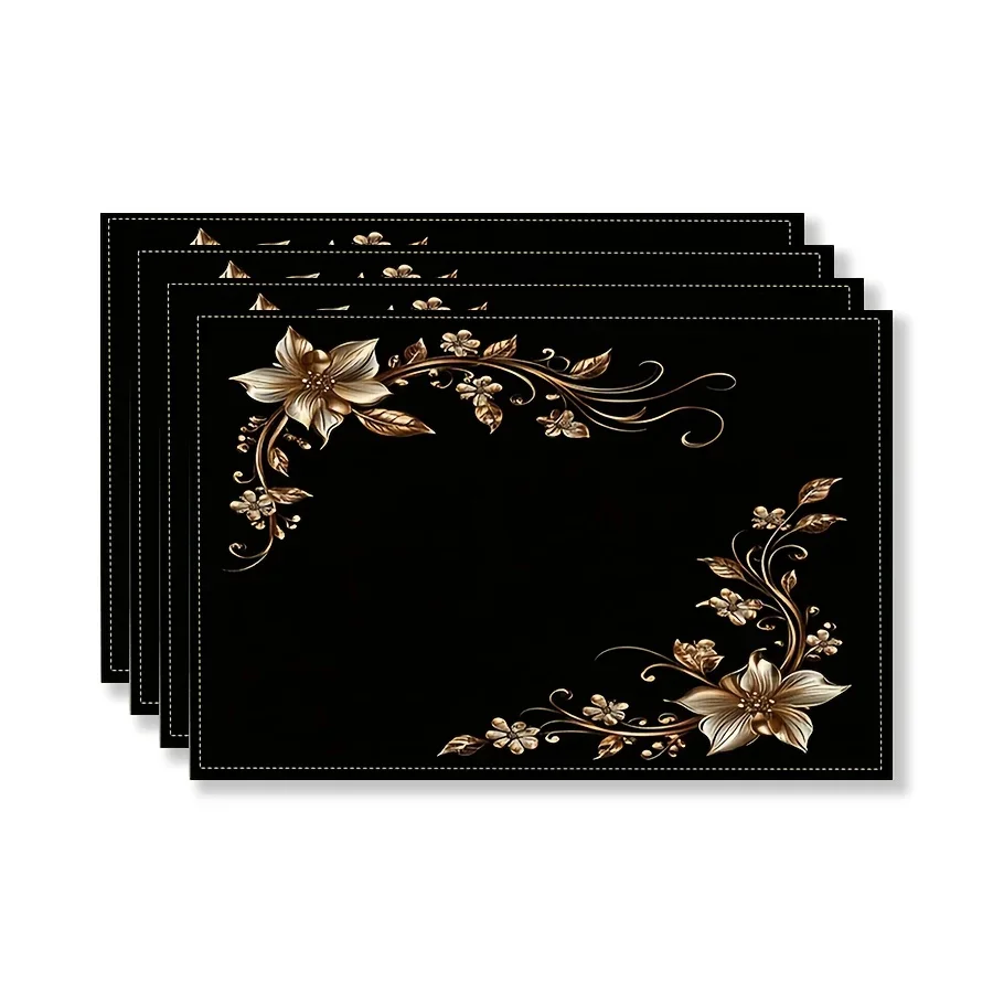 

Новый изысканный черный золотой цветочный узор, декоративная подставка для столовых приборов, льняная, односторонняя печать, 12 дюймов × 18 дюймов, 4 шт./6 шт.