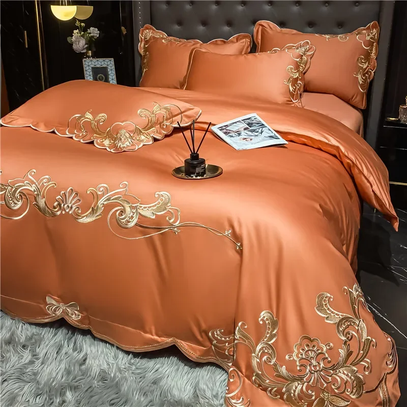 Luxury 100S Egyptian Cotton Gold Embroidery Bedding Set Duvet Cover Set Quilt Cover Bed Comforter Set Fitted Sheet Pillowcases