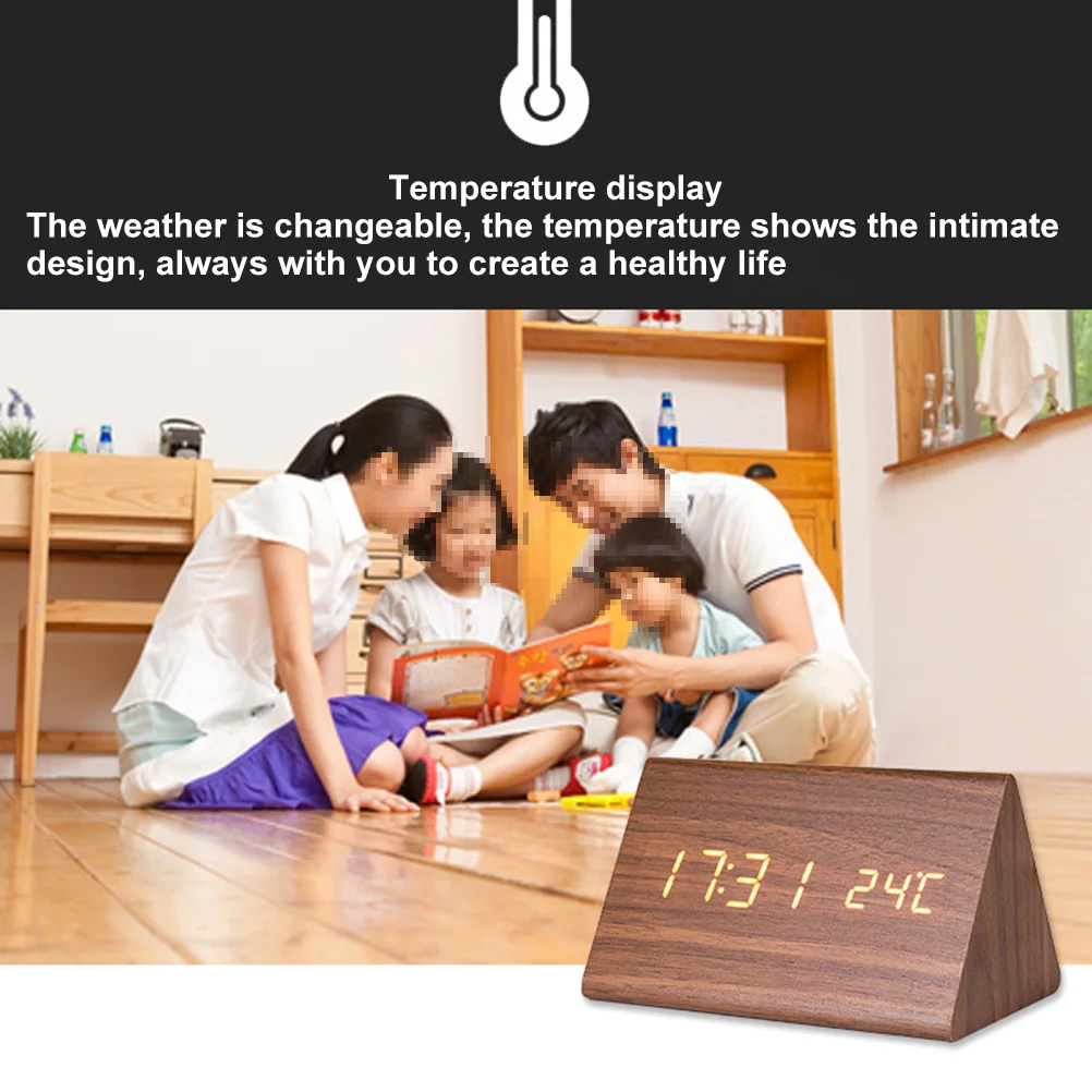 Cyfrowy budzik LED z drewnianym wykończeniem, podświetlany, cichy, z wyświetlaczem temperatury, regulacją jasności, brązowy zegar biurkowy dla nastolatków.