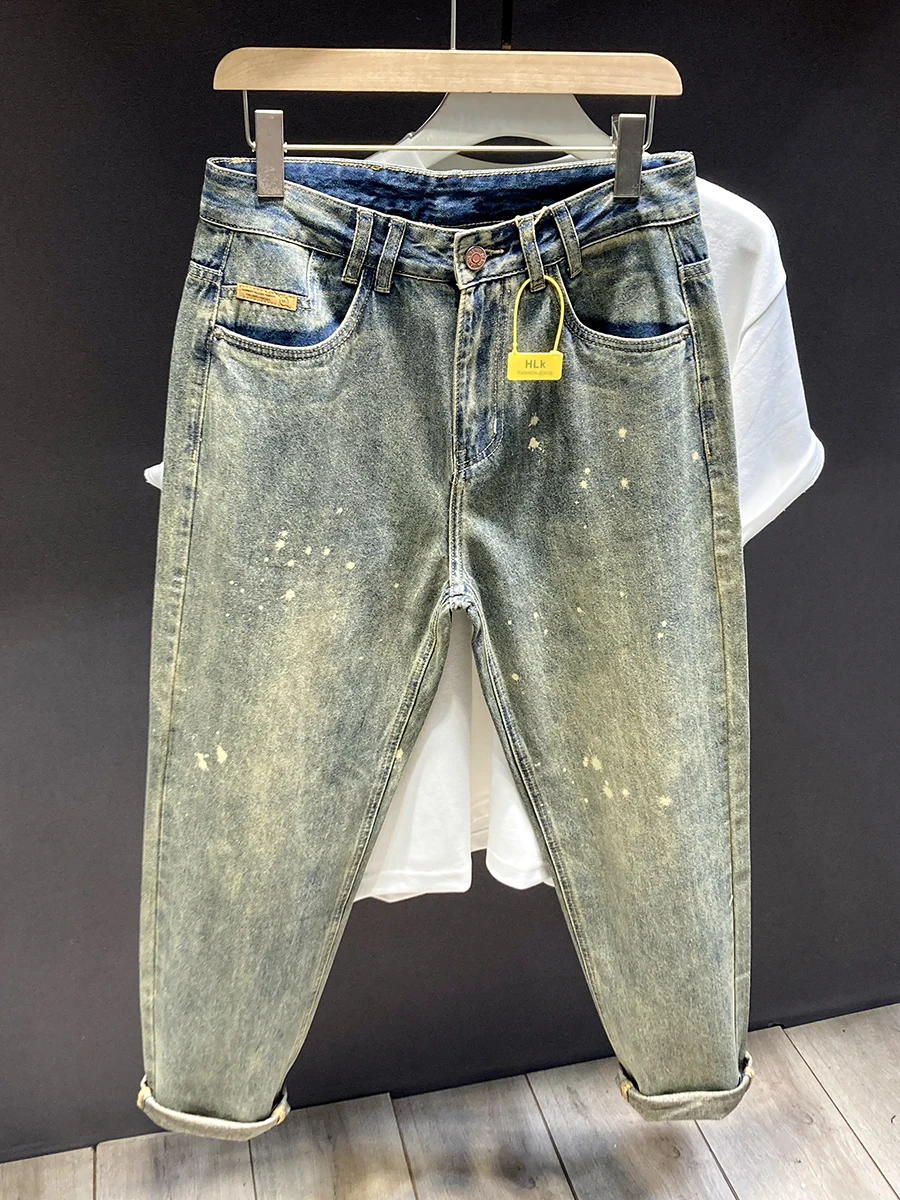 

American Casual Splaed Ink Jeans Men's Straight Loose Trendy Long Trousers Autumn Winter Retro Slim Harlan Men's Pants