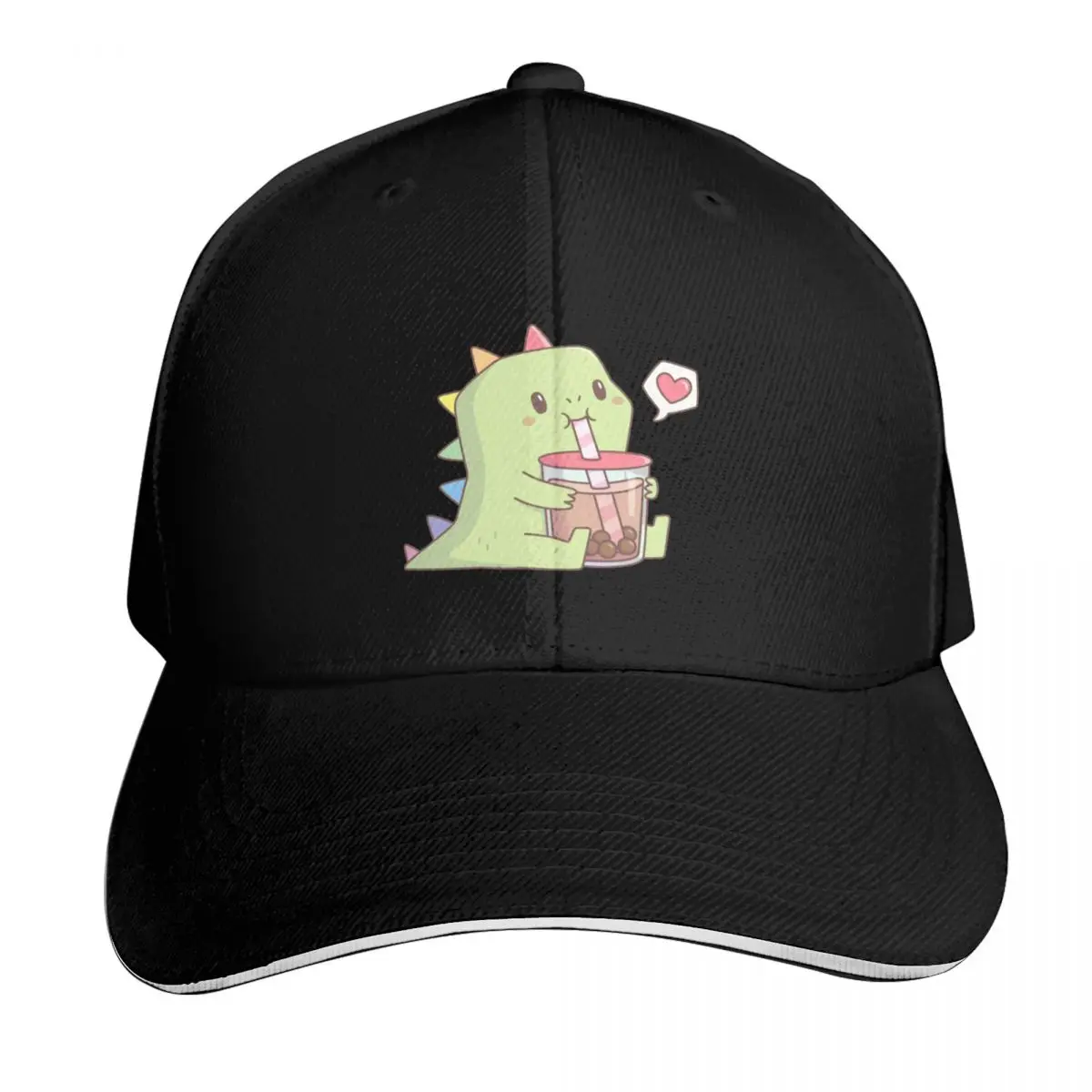 Cute Dino with Rainbow Spikes Loves Bubble Tea Baseball Cap Men Women Casual Summer Sport Sun Cap