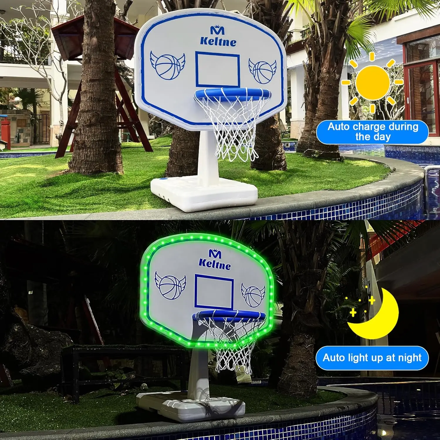 High Brightness LED Solar Pool Basketball Hoop, 34x34x42.2 Inches, Oversized Swimming Pool Toy Set with 2 Balls and Air Pump for Water Basketball Game, Suitable for Kids and Adults