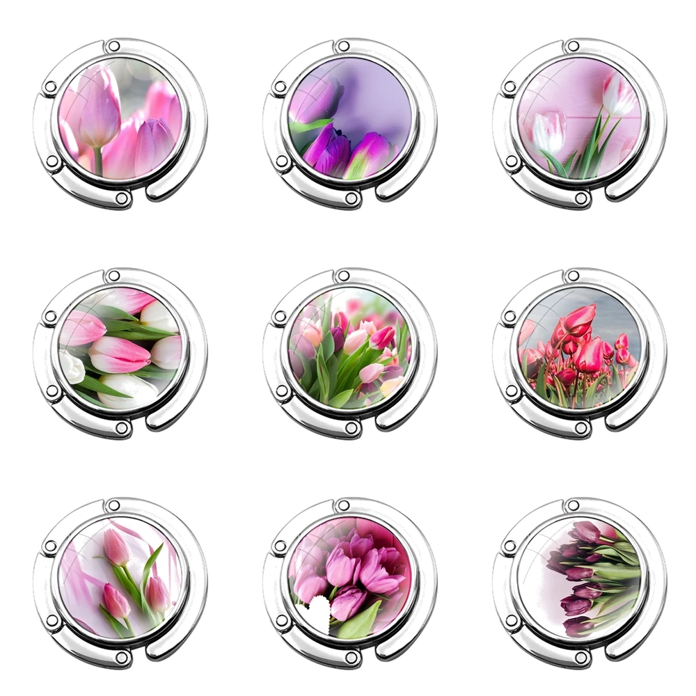 Tulips flower Spring field Red pink purple Foldable Purse Hook for Women's  Table Handbag Storage Folding Decor Table Hook