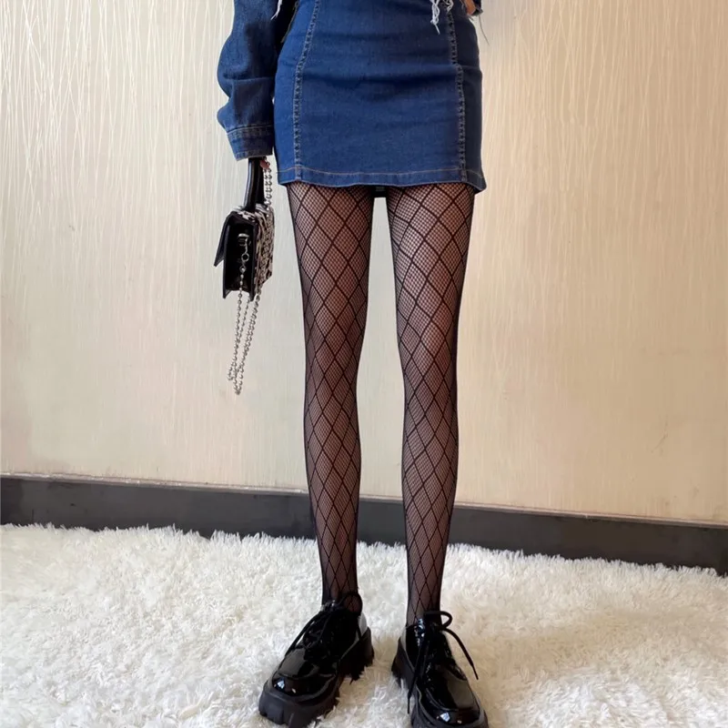

Черные ажурные колготки в готическом стиле JK, прозрачные колготки с ромбовидной сеткой, сексуальные утягивающие леггинсы Y2K Ins, модные чулки