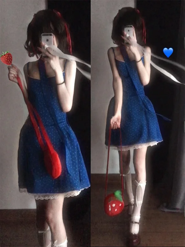 

Новое летнее женское платье Sweet Klein синего цвета в горошек без бретелек, с эффектом утяжки талии, в праздничном стиле, французский стиль, кружевное, с тюлевыми вставками