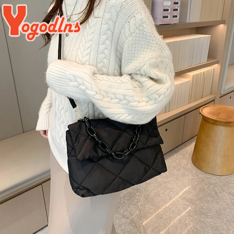 Yogodlns Large Capacity Crossbody Square Bags Casual Chain Women Underarm Bags Fashion Quilted All-match Winter Simple Shopping