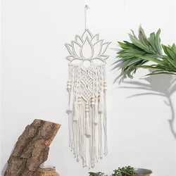 Macrame Mandala Lotus Hanging Tapestry For Bedroom Indian Decoration Handmade Woven Wood Bead Lotus Tassel Wall Hanging Pendant
