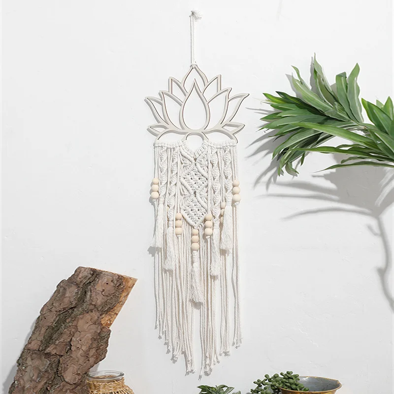 Macrame Mandala Lotus Hanging Tapestry For Bedroom Indian Decoration Handmade Woven Wood Bead Lotus Tassel Wall Hanging Pendant