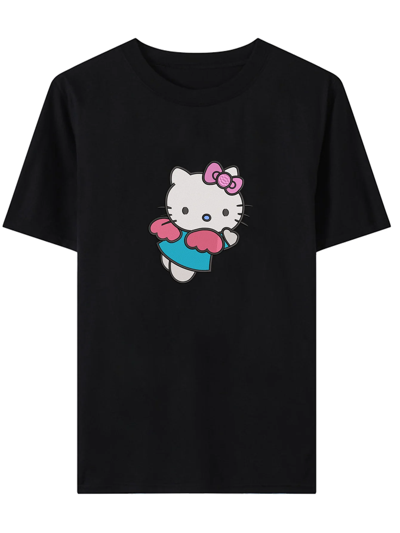 

1PC Women's "Kitty with Wings" Black Casual Round Neck Short Sleeve Imitation Embroidered Printed T-shirt
