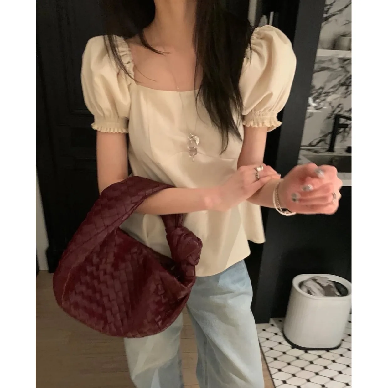 

Sweet Back Elastic Belted Short Sleeve Shirt Summer New Style Women's Lace Shirt/Chiffon Top Elastic Waist Design Casual Wear