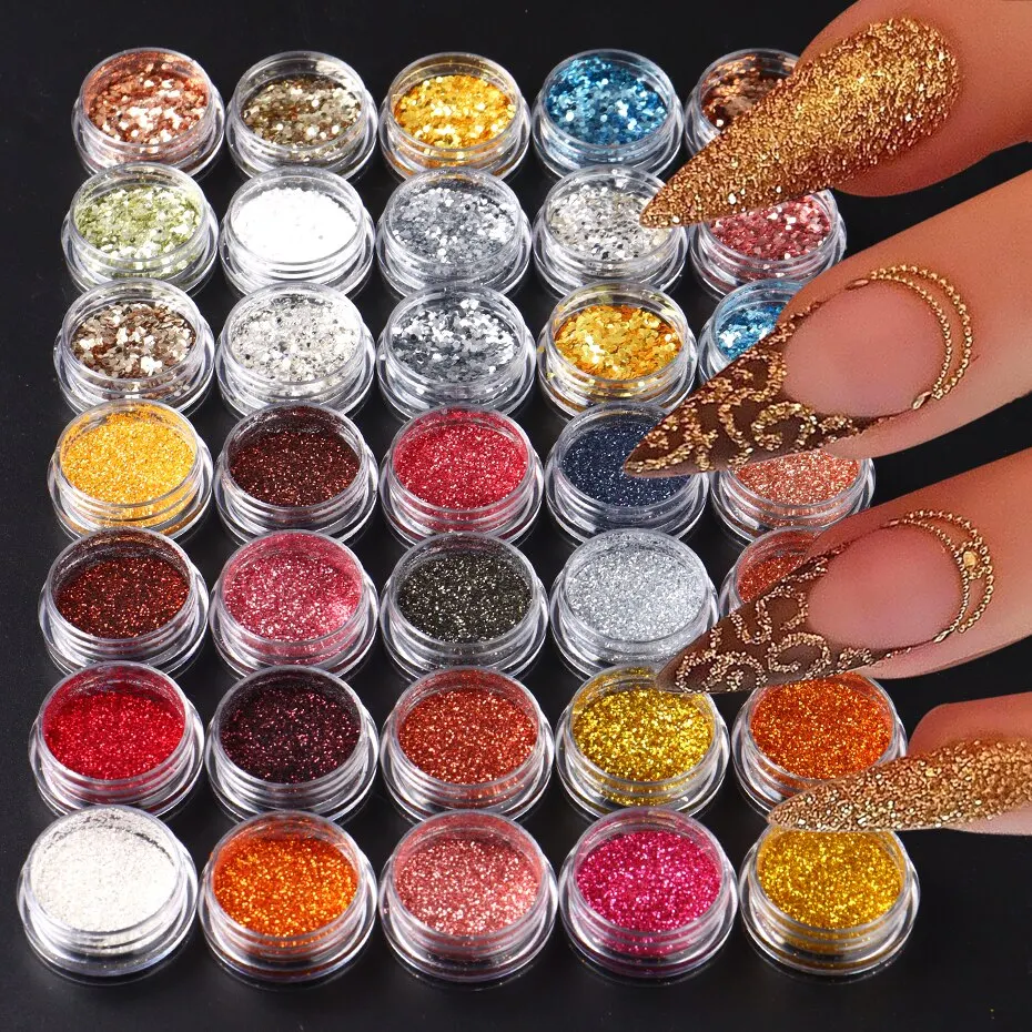 35pcs Nail Art Powder Glitter Sparkling Gold Silver Chrome Sandy Powder Nails Sequins Flakes Dipping Dust Decorations Manicure