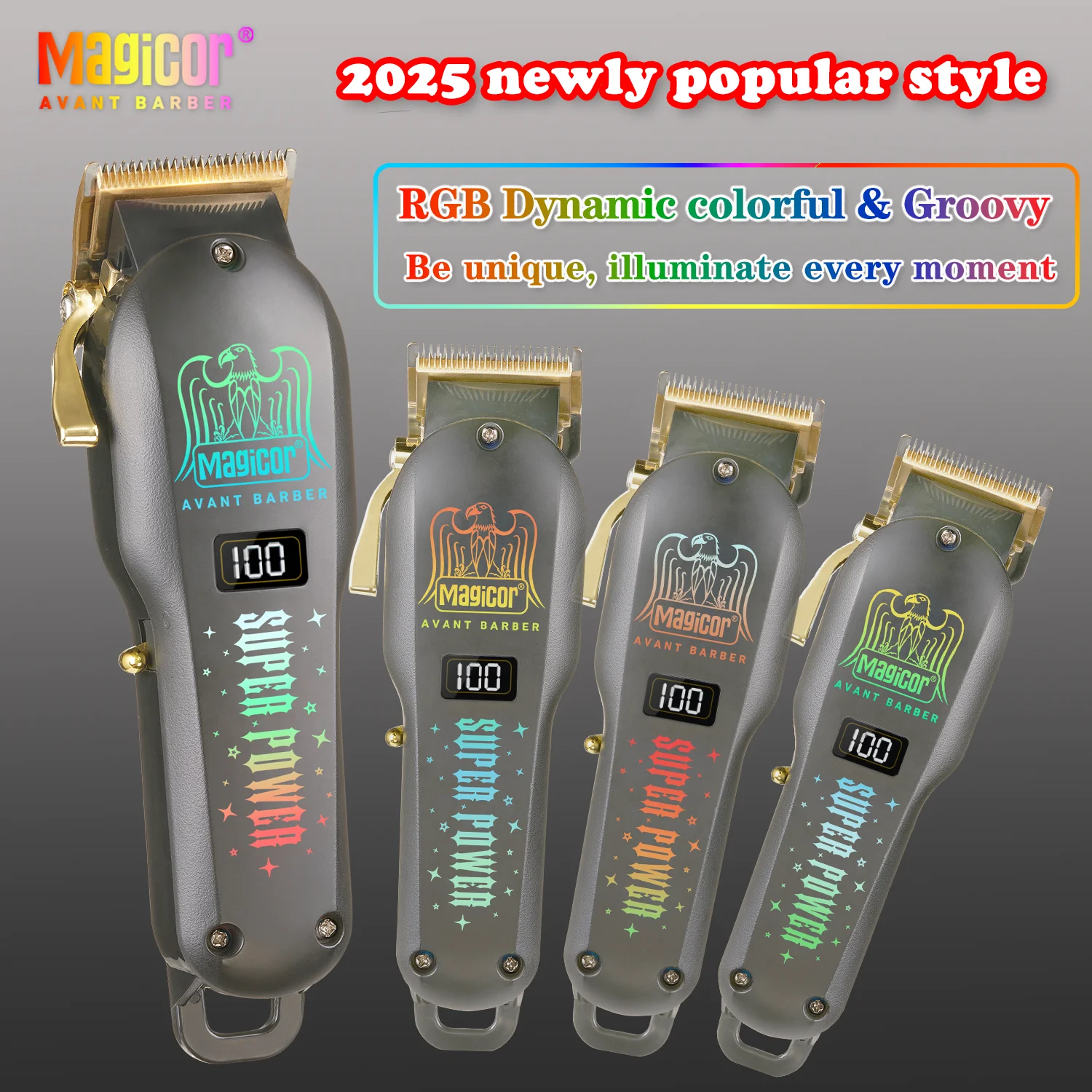 

MAGICOR 2025 New Fashion RGB Colorful Breathing light Hair Clipper Barber Adjustable Electric Hair Cutting Machine Trimmer Men