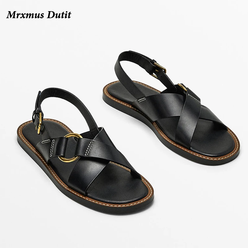 Mrxmus 2023 New Spring Summer Fashion Leather Cross Belt Design Open Toe Roman Sandals Women Simple Casual Flat Shoes Female