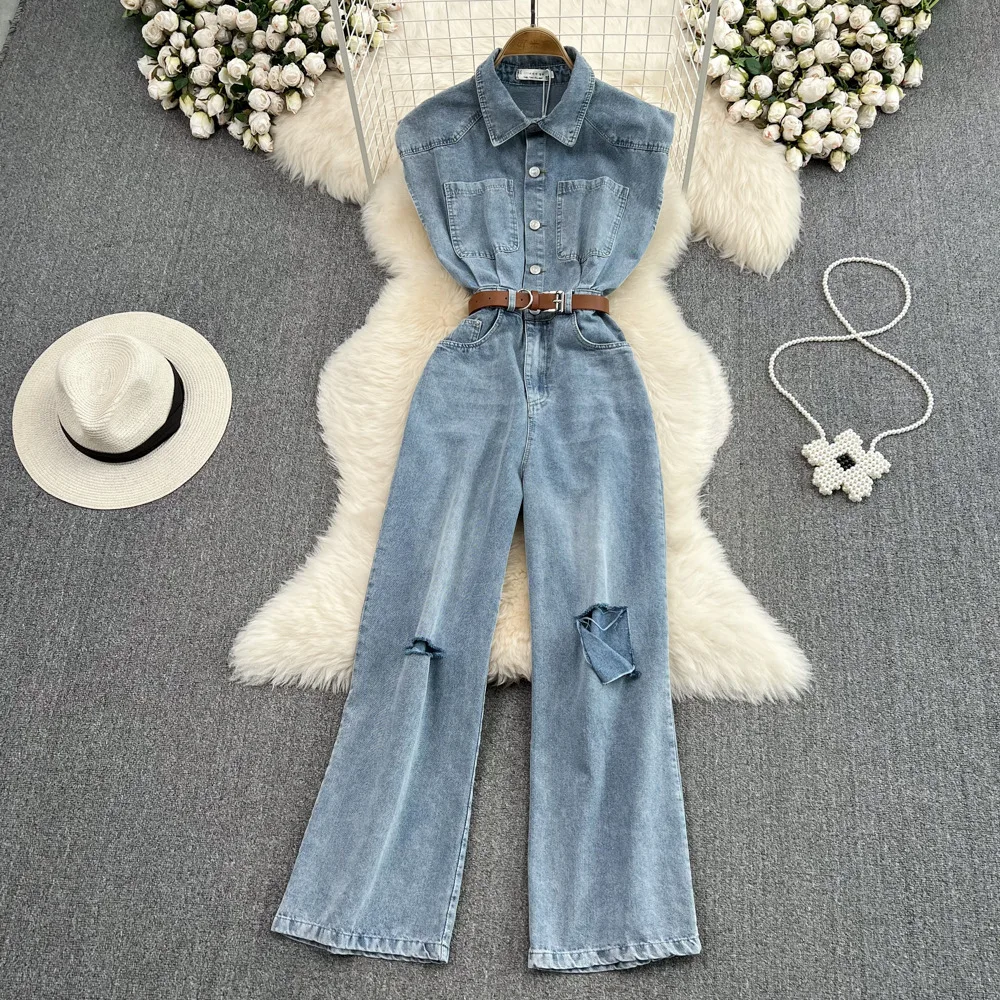 Hole Jeans Jumpsuits Women Denim One Piece Wide Leg Pants Distressed Single Breasted Streetwear Vintage High Waist Jumpsuit