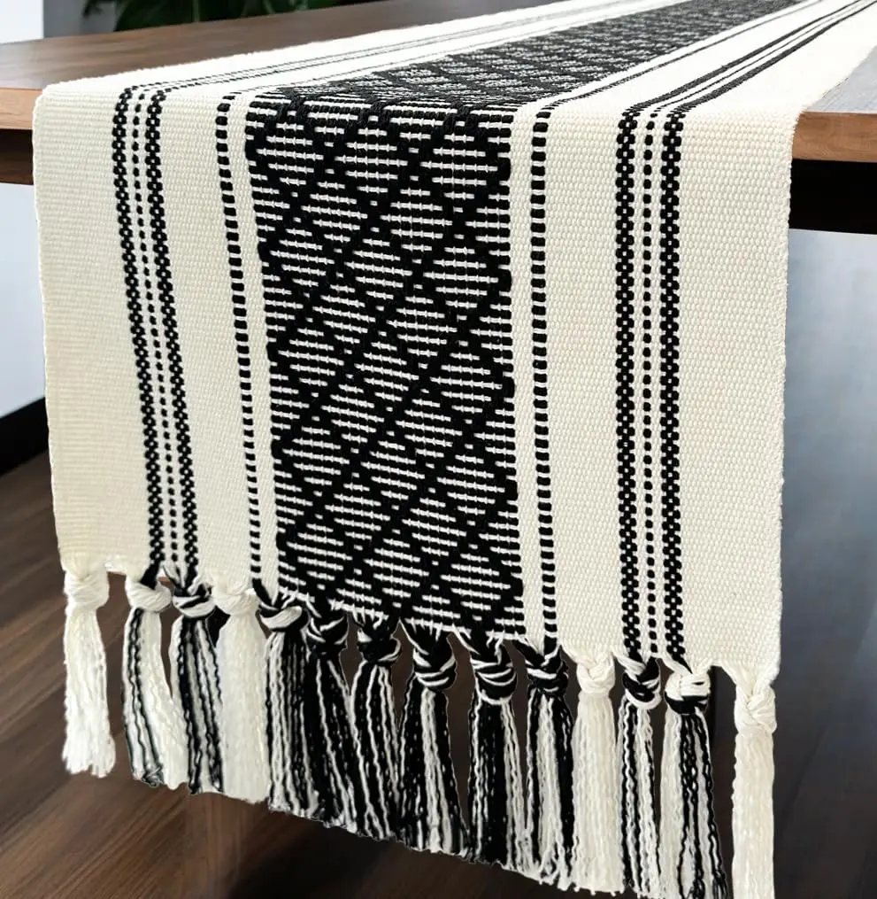 Farmhouse Style Braided Woven Table Runner, Bridal Textured Table Runner with Tassels, Rustic Modern Boho Chic Decor